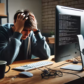 An image of an employee sitting in front of his computer not working, frustrated with his computer.