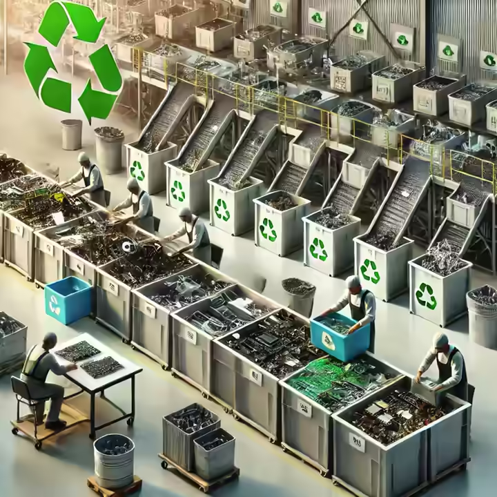 Recycling Technology By Breaking It Into Component Parts Image depicting technology assets being broken down into component parts to be recycled.